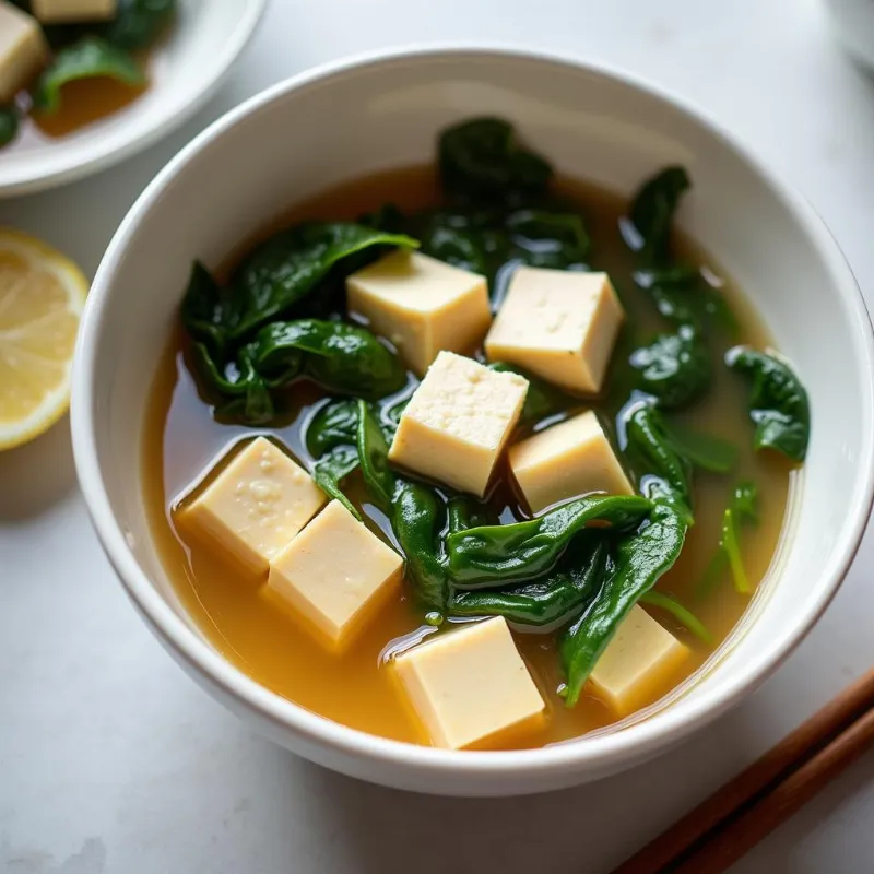 Simple miso soup with tofu and greens in a bowl.