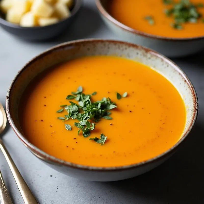 A comforting bowl of vegan simple sweet potato and ginger soup.