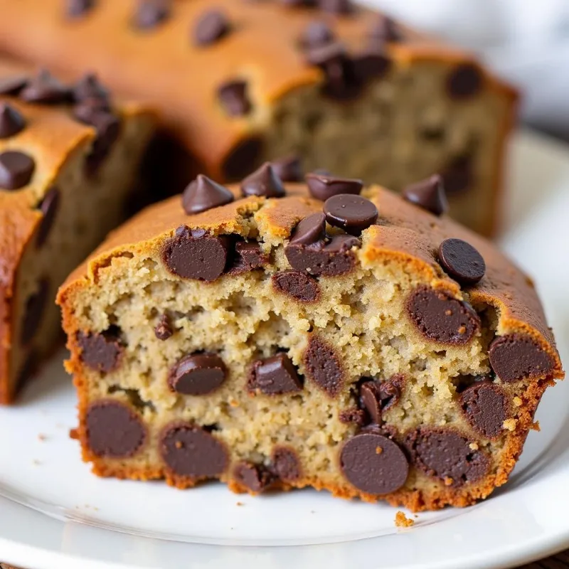 A slice of vegan chocolate chip banana bread on a plate