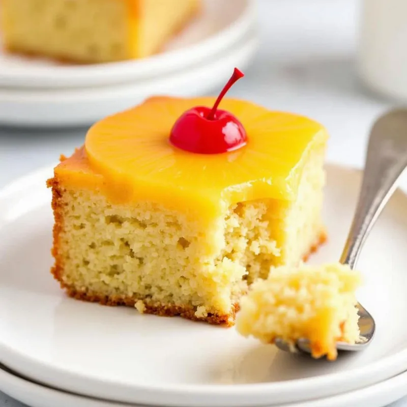 A slice of vegan pineapple upside down cake on a plate with a fork, showcasing the moist crumb and caramelized pineapple.