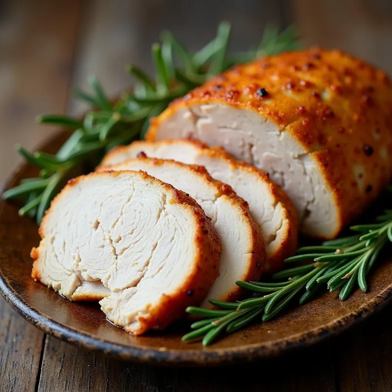 Sliced vegan turkey arranged on a platter with rosemary sprigs.