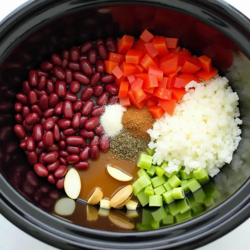 Slow Cooker Filled with Ingredients for Red Beans and Rice