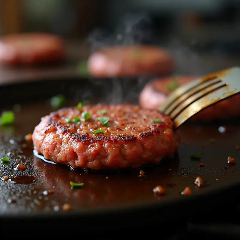 Smashing vegan burger patties onto a hot griddle