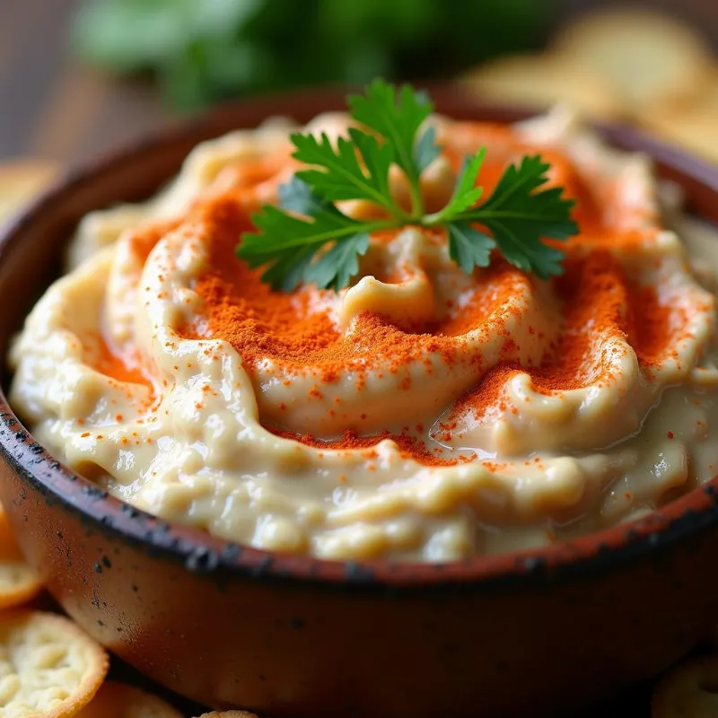 Smoky White Bean Dip in a bowl topped with paprika and fresh parsley