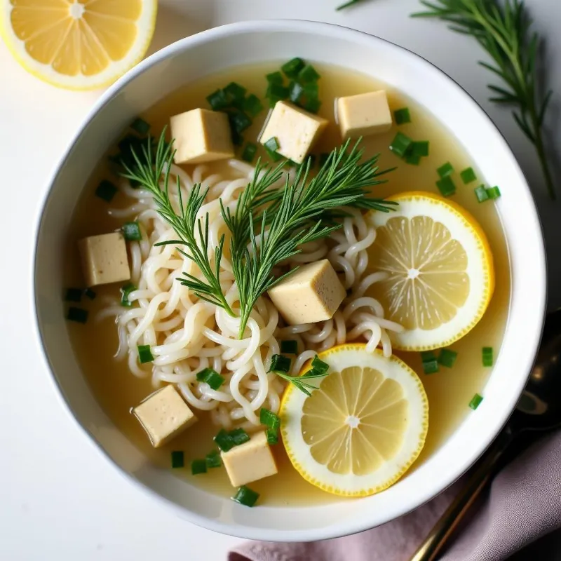 Vegan soothing lemon dill rice noodle soup.