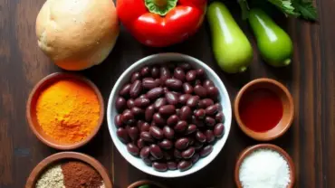 Spicy black bean burger ingredients neatly arranged on a table