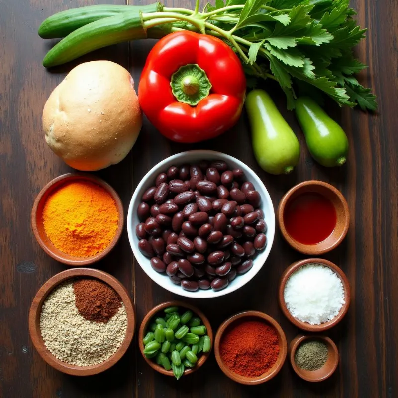 Spicy black bean burger ingredients neatly arranged on a table