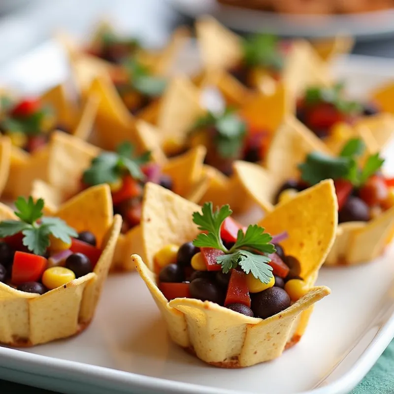 Spicy black bean salsa cups arranged on a platter.