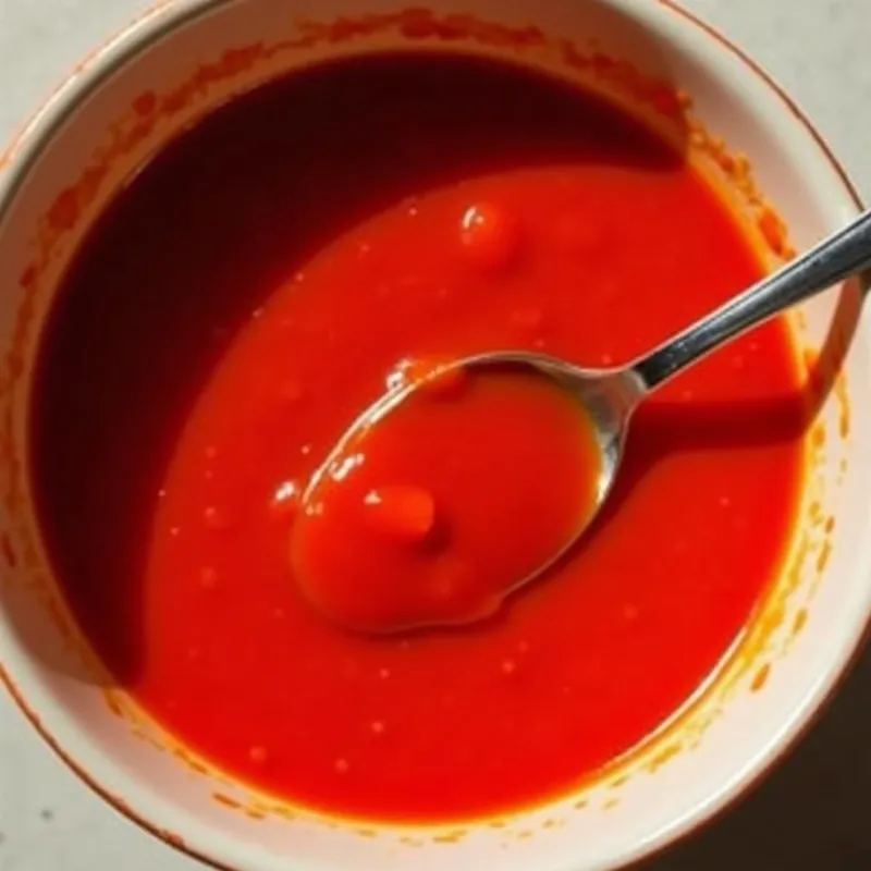 A bowl of fiery red Korean gochujang sauce ready to be drizzled over a stir-fry.