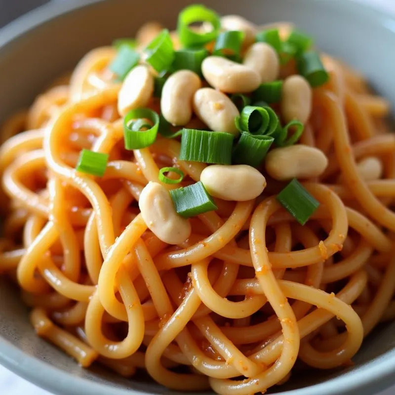 Spicy peanut noodles served in a bowl