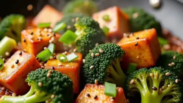 Spicy tofu and broccoli stir-fry with sesame seeds