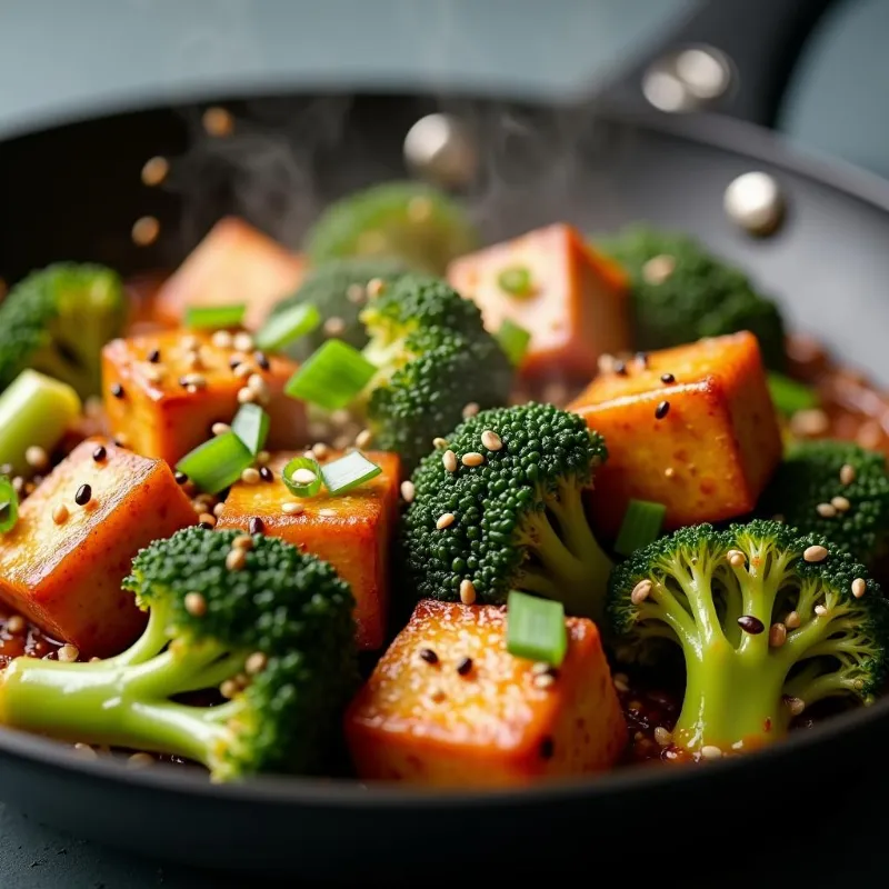 Spicy tofu and broccoli stir-fry with sesame seeds