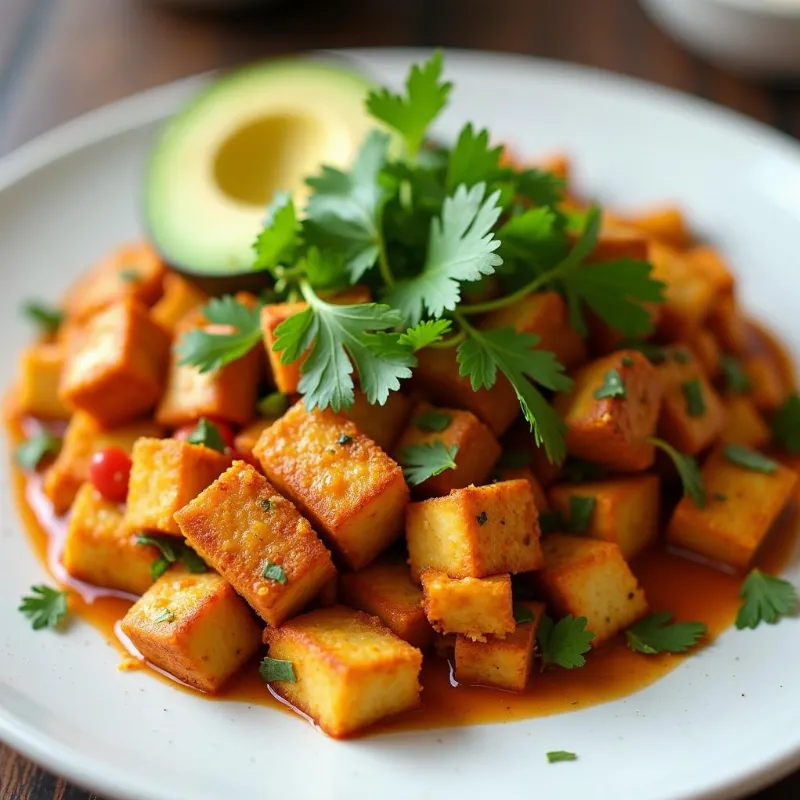 A plate of spicy tofu scramble with avocado slices