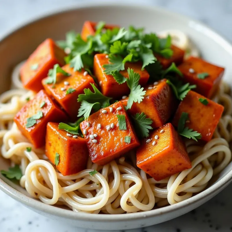 Spicy Tofu Stir-Fry with Brown Rice Noodles in a Bowl 