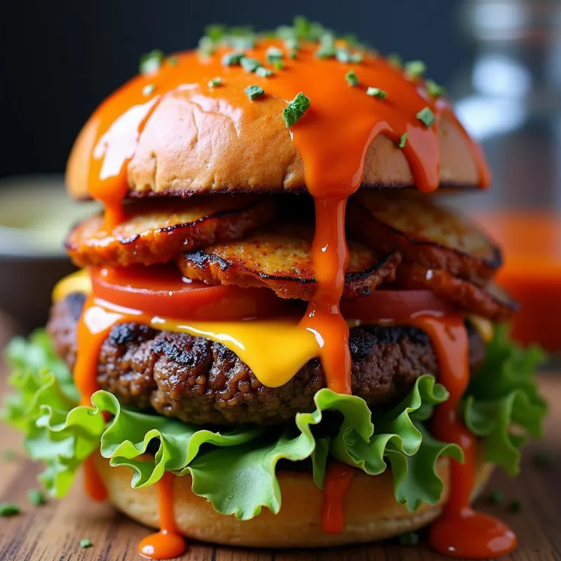 Close-up shot of a veggie burger with spicy vegan sauce.