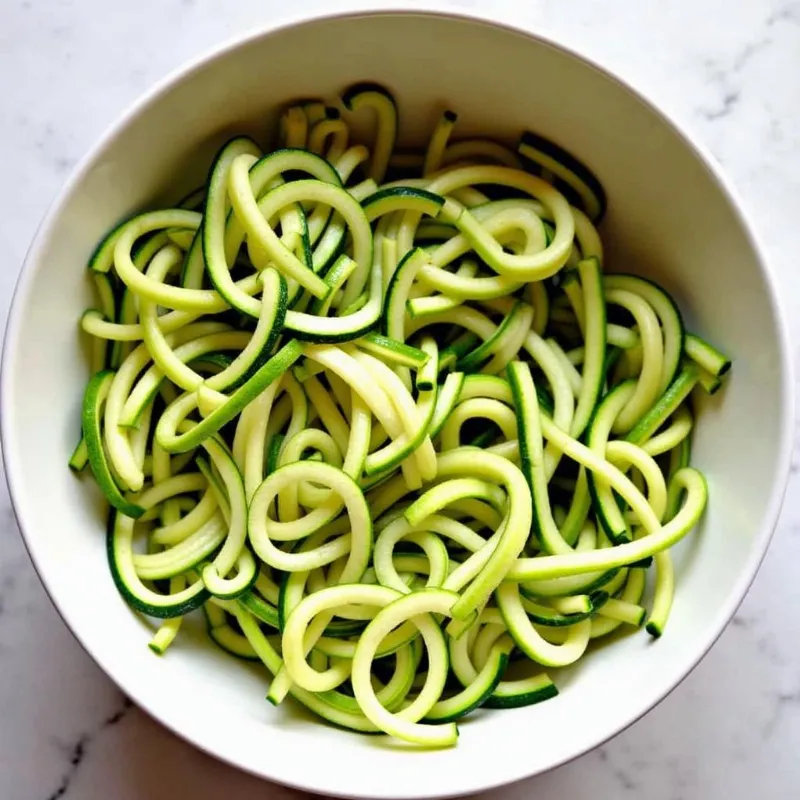 Freshly spiralized zucchini noodles for raw vegan pad thai.