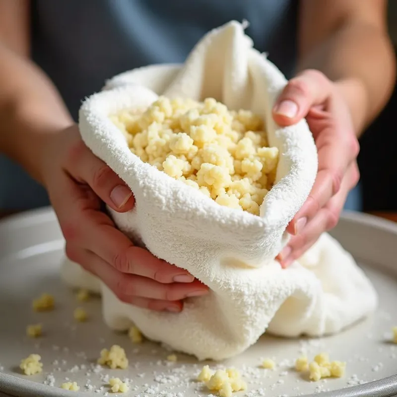 Hands Squeezing Water from Cauliflower Pizza Dough in a Kitchen Towel