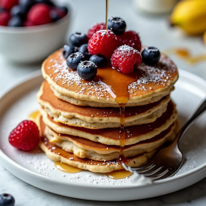 Stack of Vegan Banana Oat Pancakes with Toppings