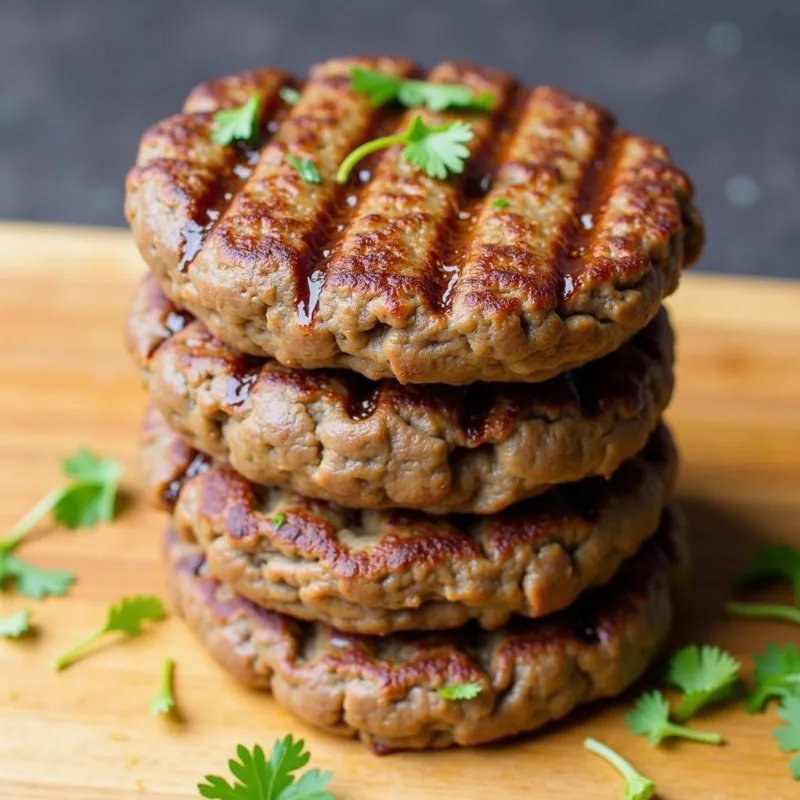  A stack of four juicy vegan black bean burgers on a wooden board