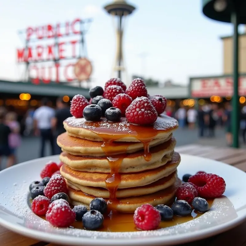 Stack of fluffy vegan buckwheat pancakes with berries and syrup in Seattle