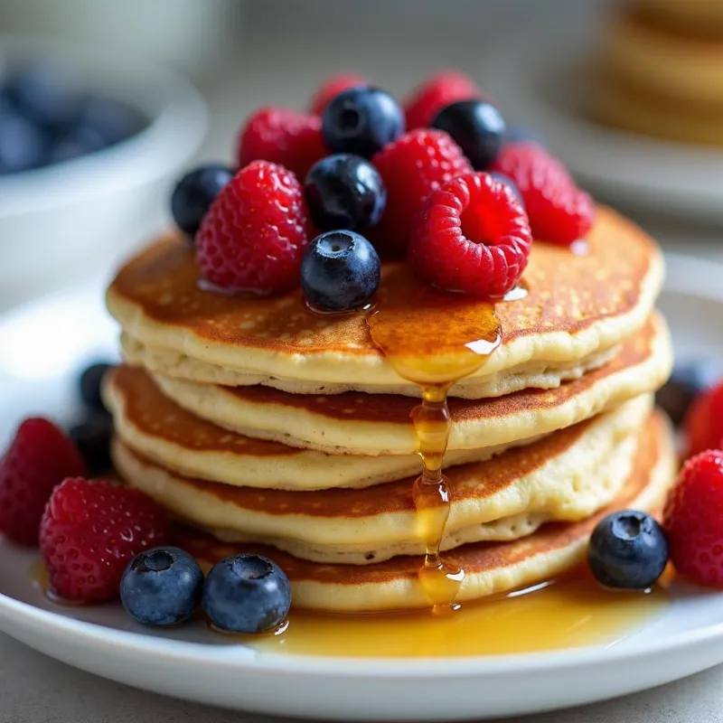 Stack of fluffy vegan pancakes topped with fresh berries and maple syrup