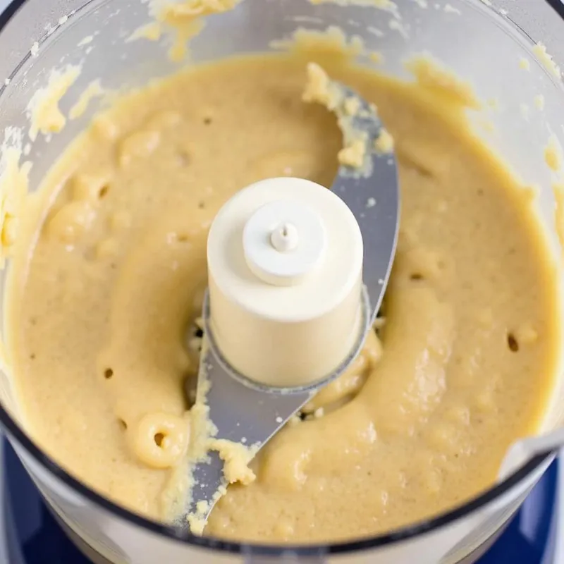 Sticky cinnamon roll dough being processed in a food processor