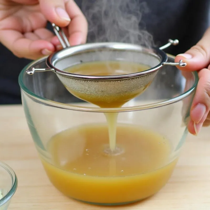 A close-up shot of vegetable broth being strained through a fine-mesh sieve into a glass bowl.