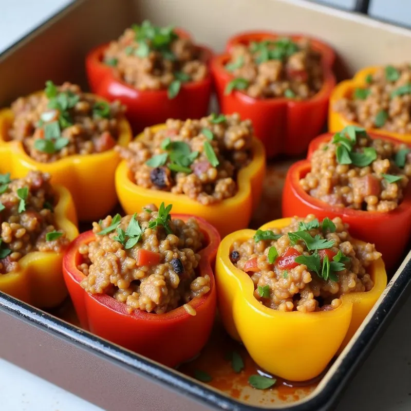 Stuffed poblano peppers arranged in a baking dish