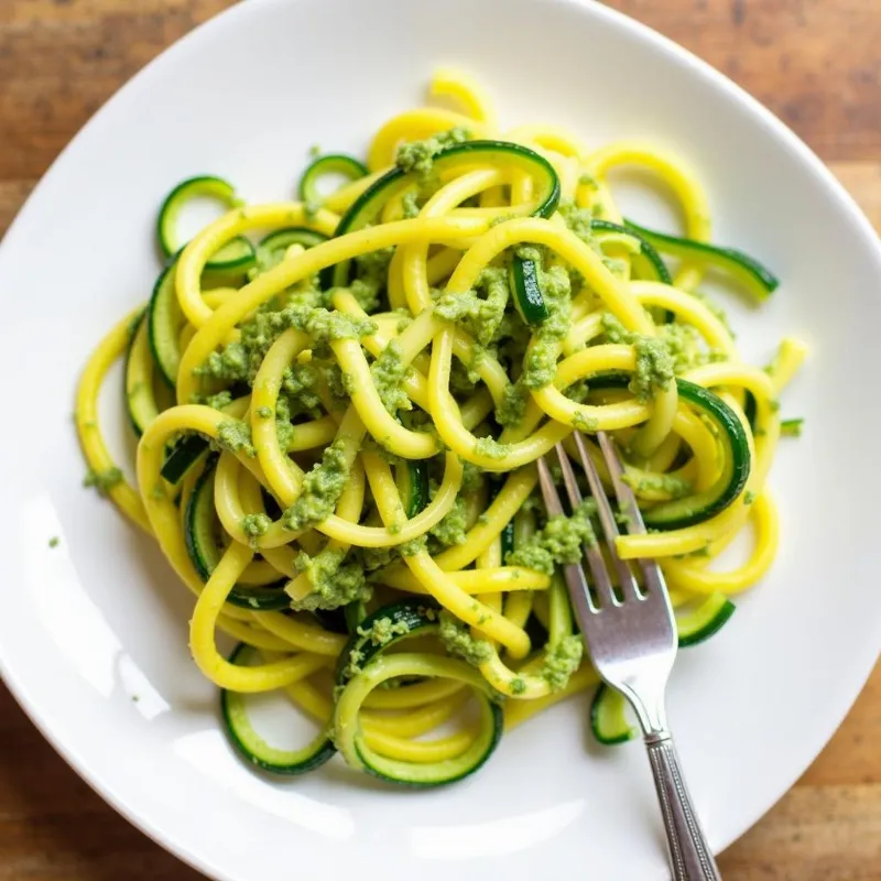 Vegan summer squash noodles tossed with creamy avocado pesto