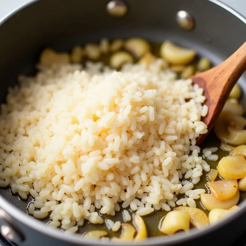 Toasting rice for vegan Mexican red rice