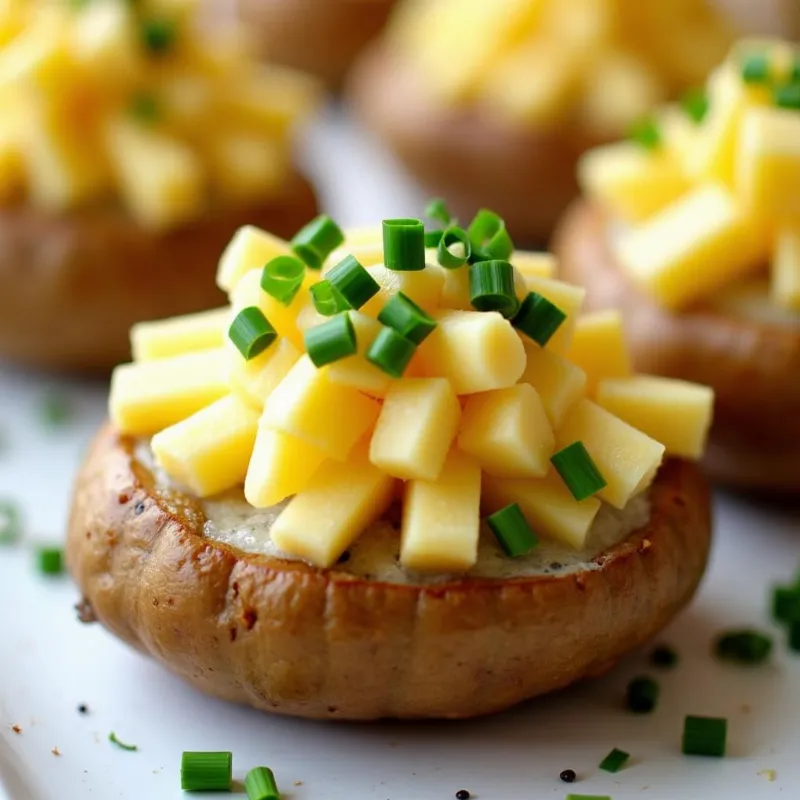 Close-up shot of twice baked vegan potatoes topped with chives on a serving platter