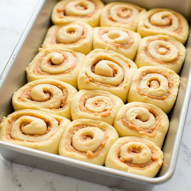 Unbaked vegan cinnamon rolls in a baking dish