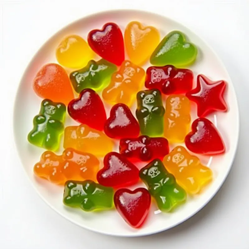 A colorful assortment of homemade vegan gummy bears in different flavors and shapes