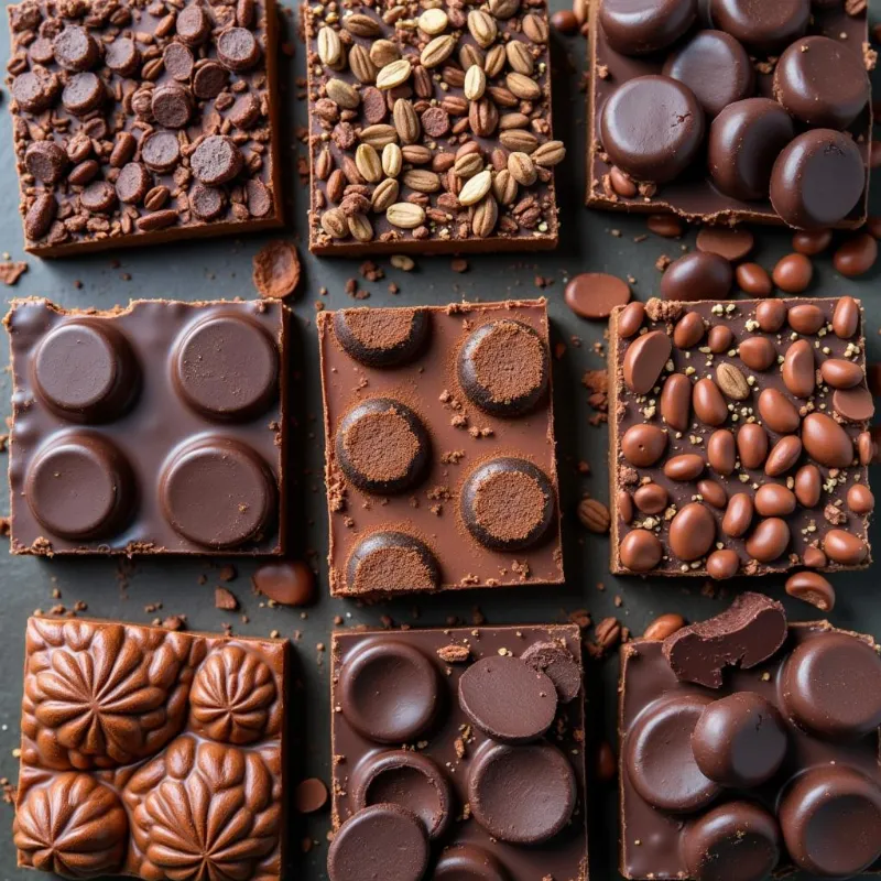 Assortment of vegan dark chocolate bars arranged on a table