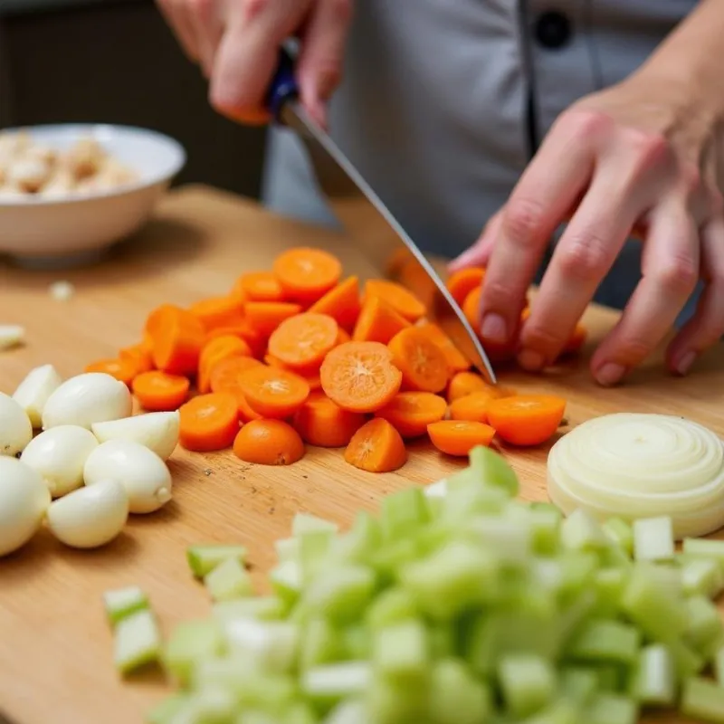 Chopping vegetables for vegan bean soup.