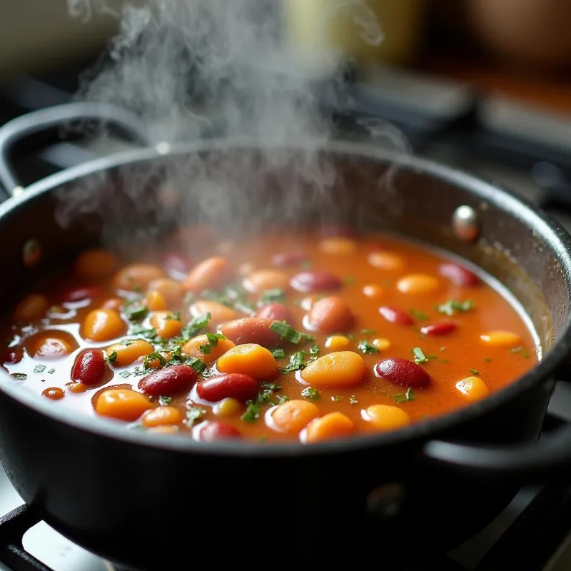 Vegan 10-bean soup simmering on the stove.