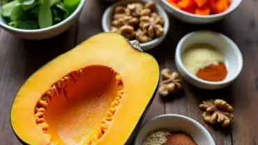 Vibrant and fresh ingredients for vegan acorn squash recipe.