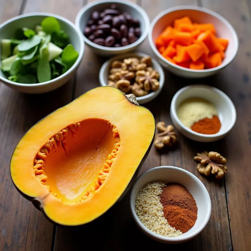 Vibrant and fresh ingredients for vegan acorn squash recipe.