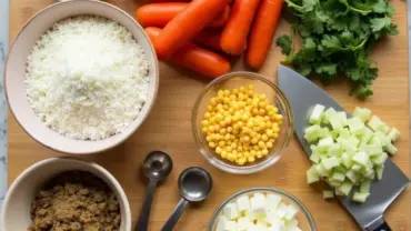 A colorful array of vegan African peanut stew ingredients.