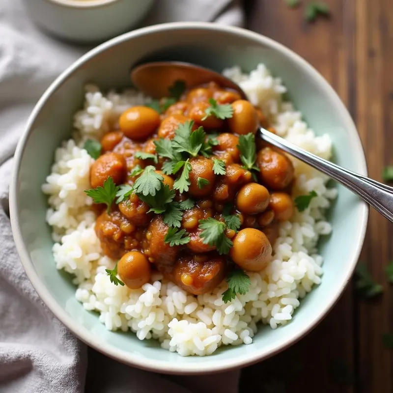 A bowl of vegan African peanut stew served over rice with chopped cilantro.