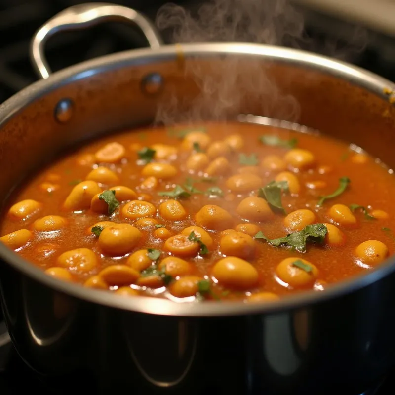 A pot of vegan African peanut stew simmering on a stovetop.