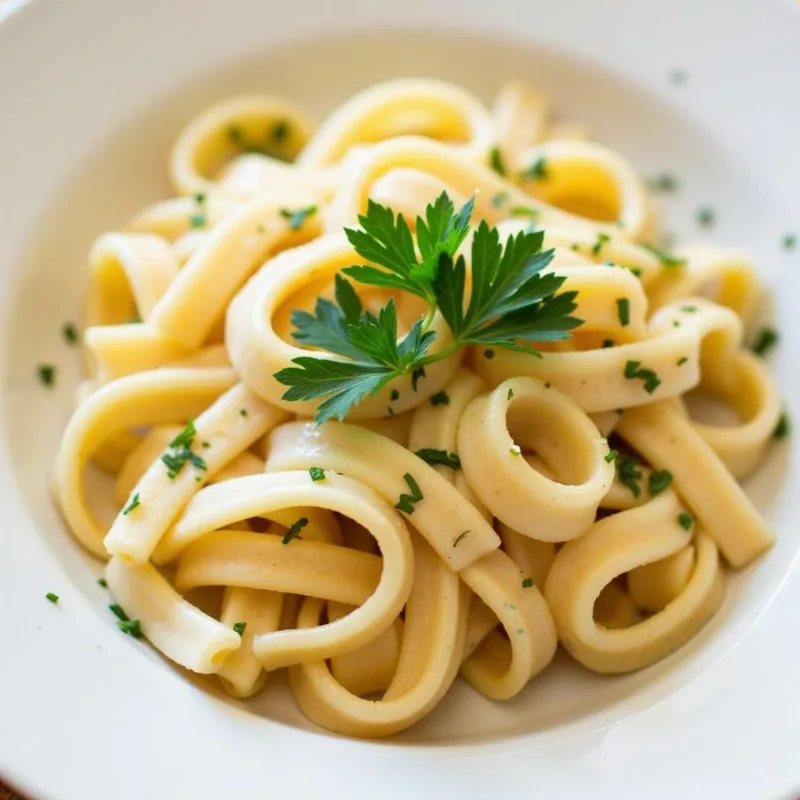 Vegan alfredo pasta served with parsley.