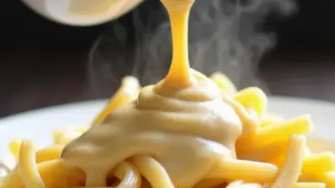 Pouring creamy vegan alfredo sauce over pasta