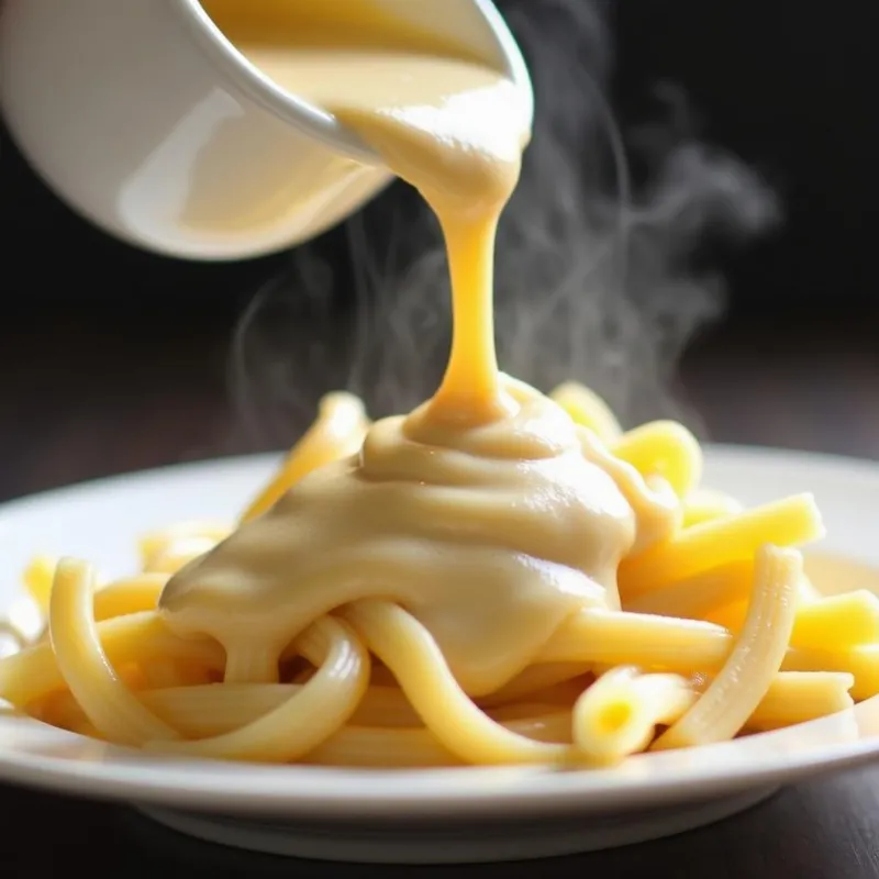 Pouring creamy vegan alfredo sauce over pasta