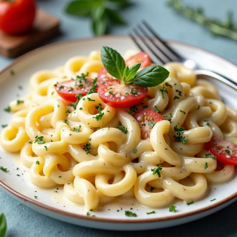 Plate of pasta with vegan alfredo sauce, garnished with fresh herbs and vegetables