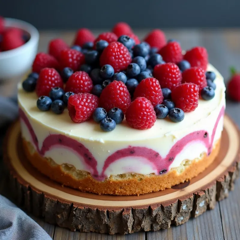 Decorated vegan almond flour cake with fresh berries 