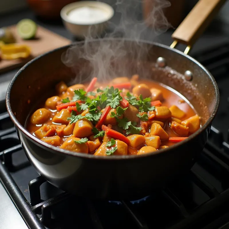 Vegan American chop suey simmering on the stove