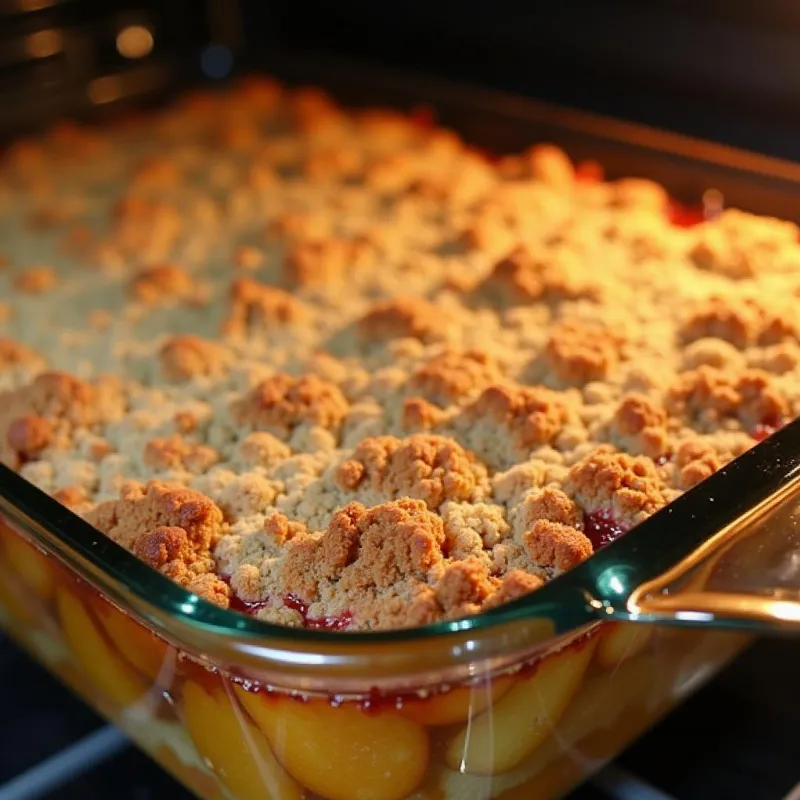 Vegan apple crumble baking in the oven, filling bubbling at the edges.