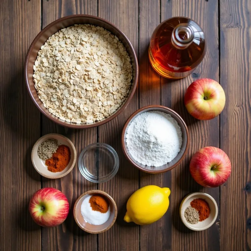 Vegan apple crumble ingredients arranged on a rustic wooden table.