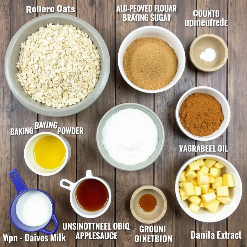 Ingredients for vegan apple oat bundt cake arranged on a wooden table